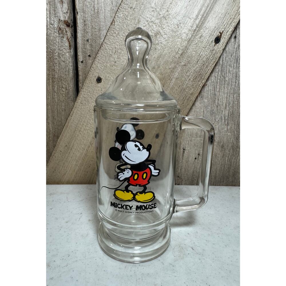 Vintage Disney Mickey Mouse 1970 Glass Mug Beer Stein Candy Cookie Jar w Lid